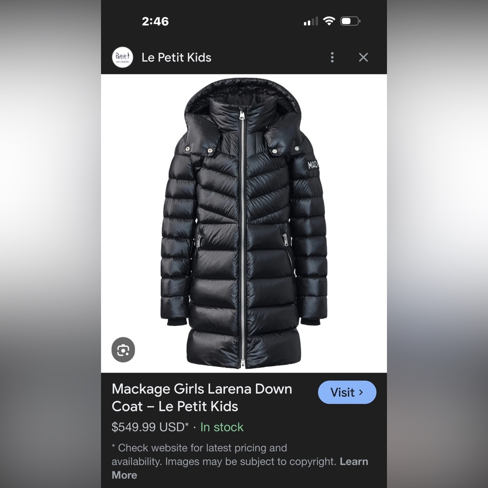 Mackage Girls Larena Black Puffer Coat